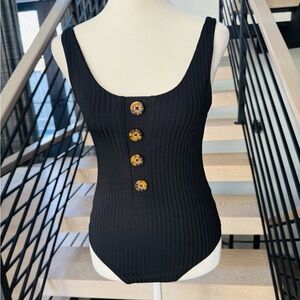New Chic Black Ribbed Swimsuit with Button Accents size XS